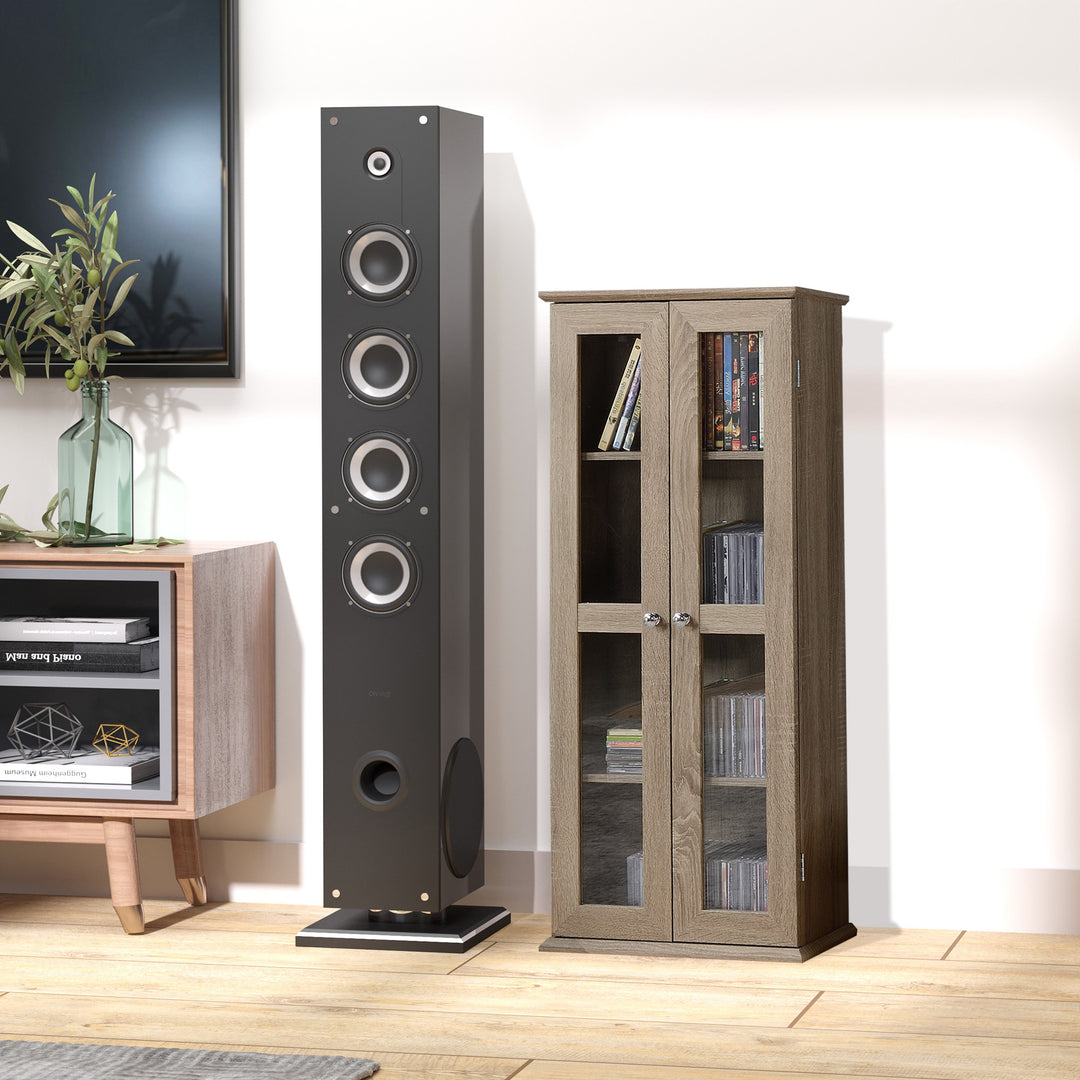HOMCOM Media Cabinet - Holds up to 100 CDs, 4-Tier CD Storage Unit, Modern Bookcase with Magnetic Doors and Wide Base for Home, Brown