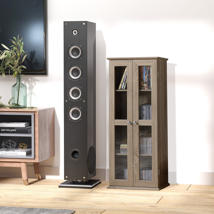HOMCOM Media Cabinet - Holds up to 100 CDs, 4-Tier CD Storage Unit, Modern Bookcase with Magnetic Doors and Wide Base for Home, Brown