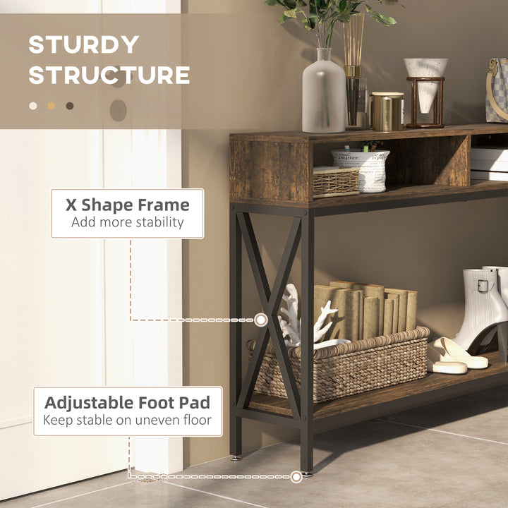 Console Table, Entryway Table with 3 Compartments, Metal Frame, Adjustable Feet for Living Room, Hallway, Rustic Brown