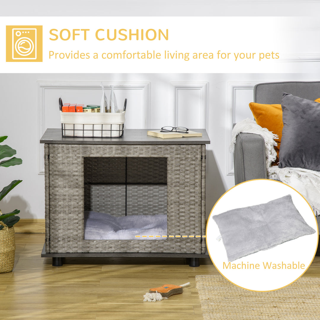 Wicker Dog House, Rattan Pet Bed, End Table Furniture, with Soft Cushion, For small and medium Dogs - Grey