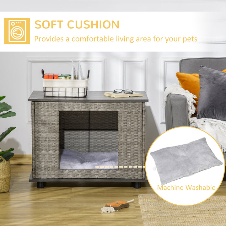Wicker Dog House, Rattan Pet Bed, End Table Furniture, with Soft Cushion, For small and medium Dogs - Grey