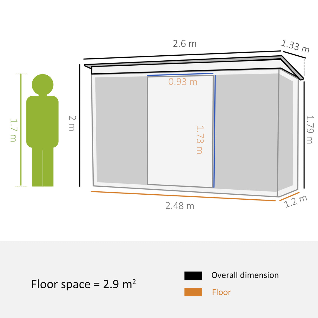 Outsunny Pent Roofed Metal Garden Shed House Hut Gardening Tool Storage w/ Ventilation 260L x 133W x 200Hcm