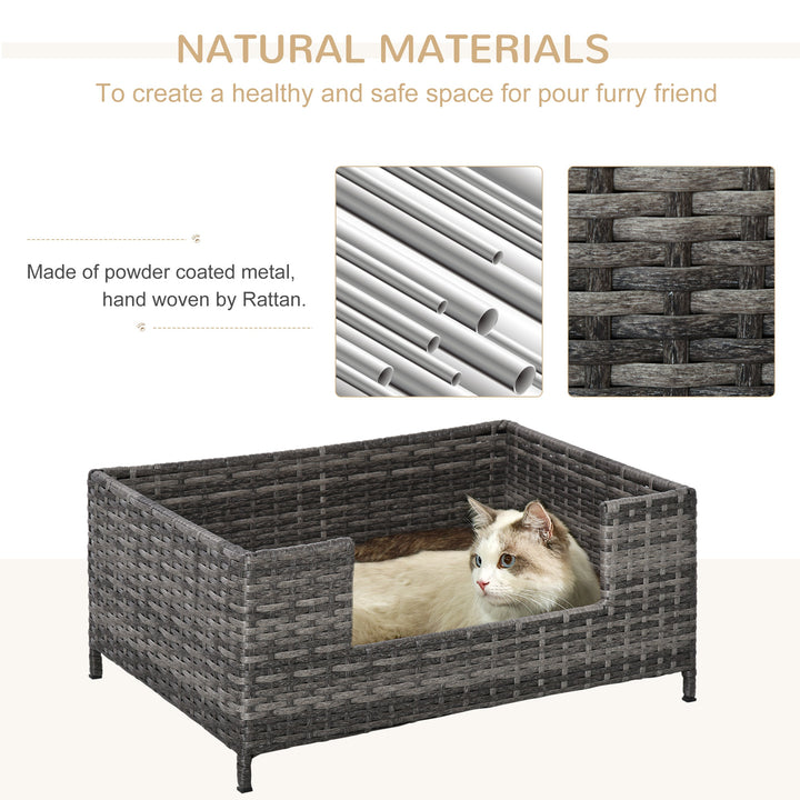 PawHut Rattan Dog Cat Bed Four Feet Pet House Hand-knitted Metal Small Animal Sofa Rattan with Soft Machine Washable Cushion White-gray