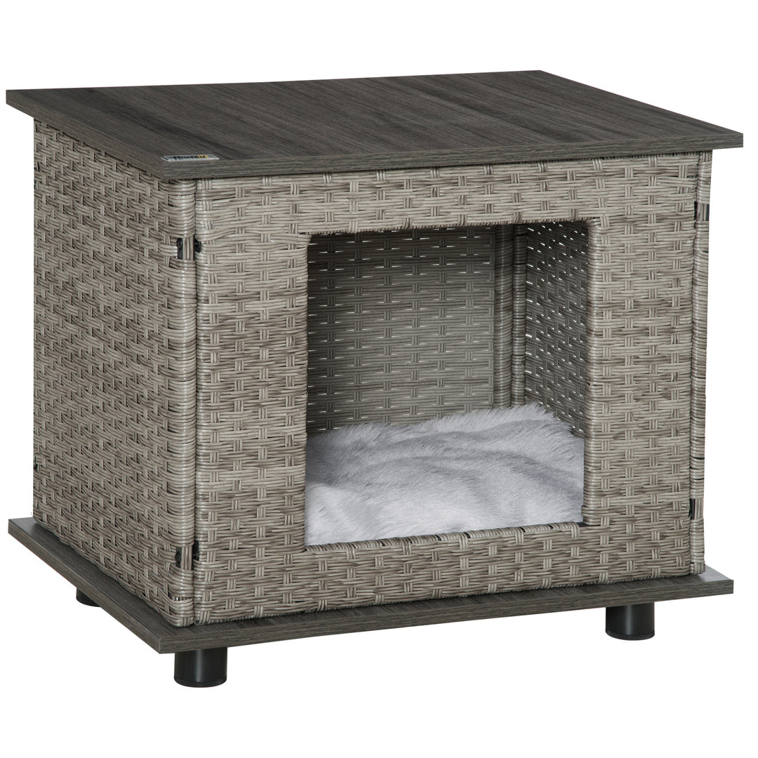 Wicker Dog House Rattan Pet Bed End Table Furniture with Soft Cushion for X-Small Dogs - Grey