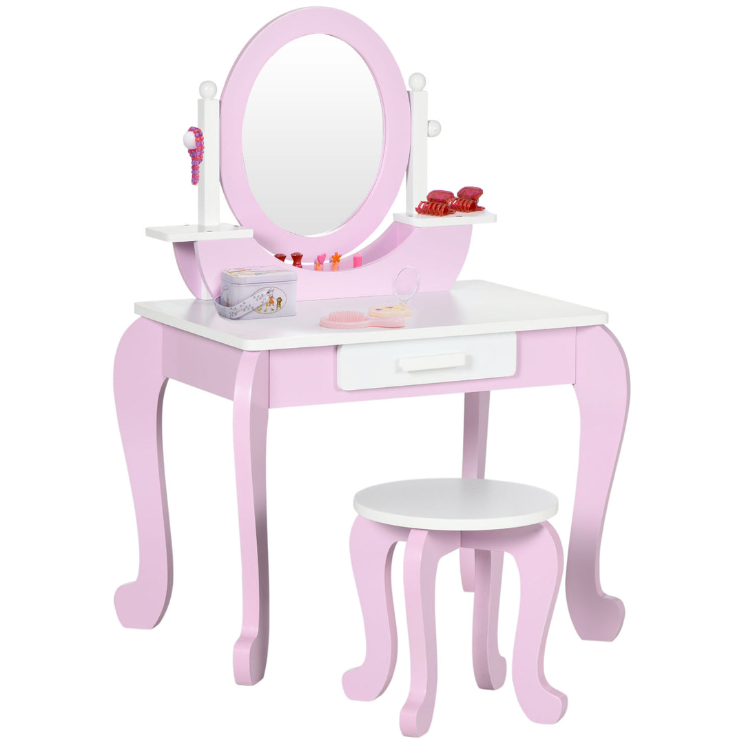 Kids Dressing Table Set Kids Vanity Set Girl Makeup Desk with Mirror Stool Drawer Round Legs for 3-6 Years Old, Pink