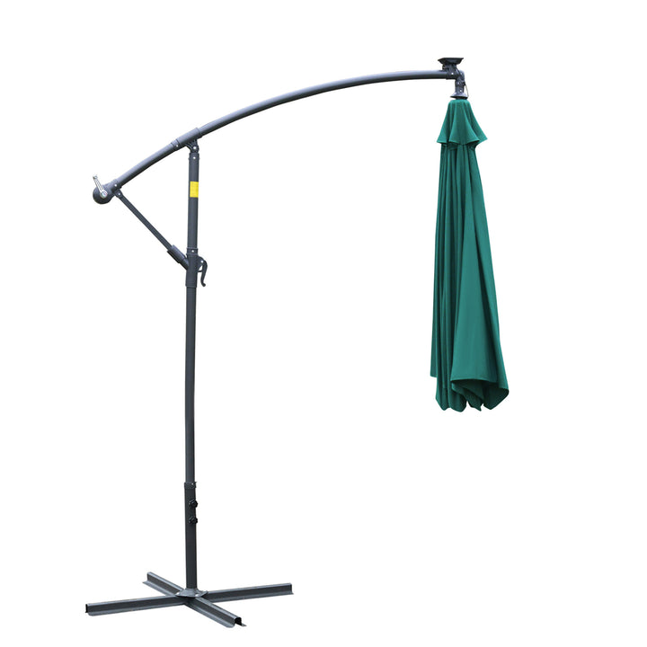 Outsunny 3m LED Cantilever Patio Banana Parasol w/ Crank Cross Base Hanging Offset Umbrella Frame Steel Aluminium Garden Table Outdoor Green