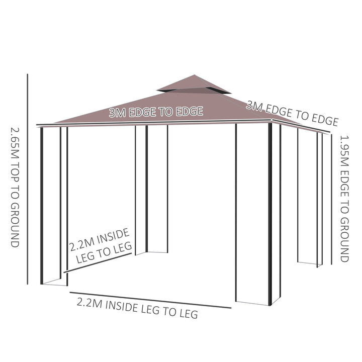Outsunny 3 x 3(m) Patio Gazebo Canopy Garden Pavilion Tent Shelter with 2 Tier Roof and Mosquito Netting, Steel Frame, Coffee