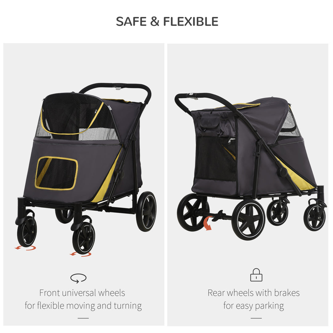 Pet Stroller with Universal Front Wheels, Shock Absorber, One Click Foldable Dog Cat Carriage with Brakes, Storage Bags, Mesh Window Dark Grey