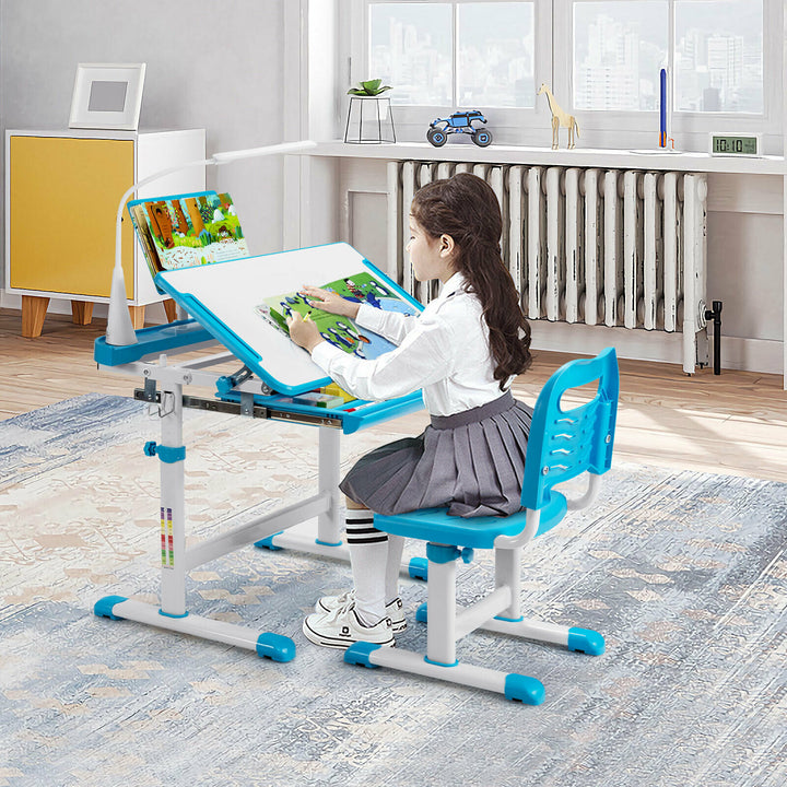 Height Adjustable Kid's Tilted Desk Set with Lamp & Drawer-Blue