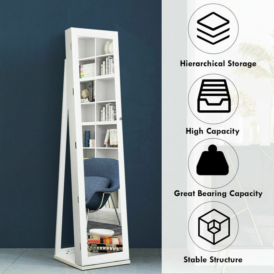 Swivel Mirrored Jewellery Armoire with Display Shelves-White