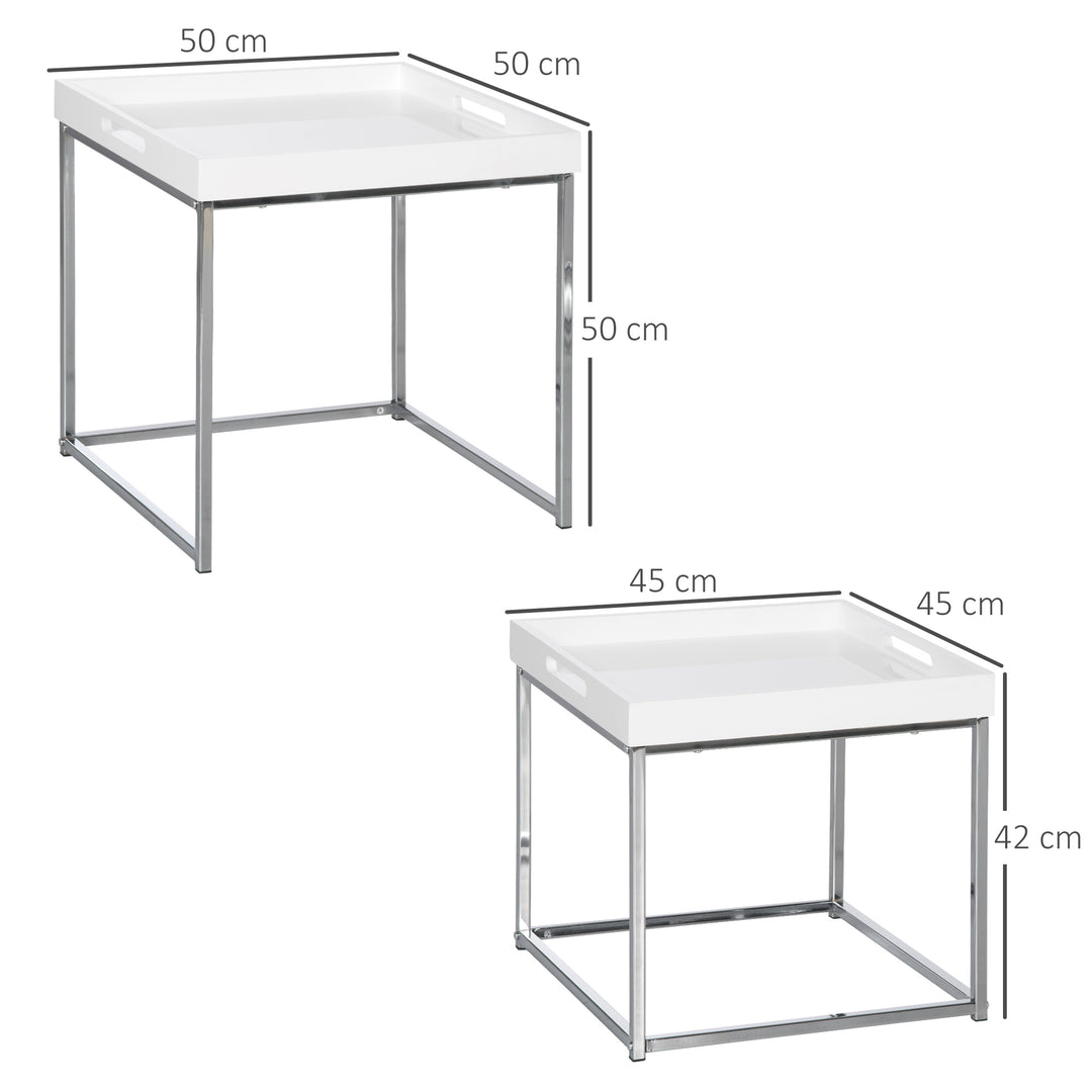Modern Coffee Table Set of 2, Square Nest of Tables with Steel Frame and High Gloss Effect for Living Room, White