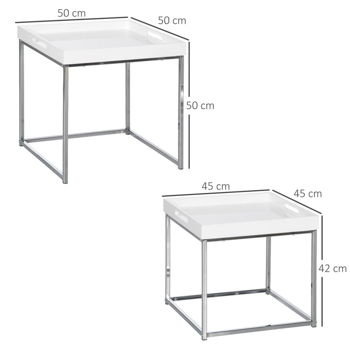 Modern Coffee Table Set of 2, Square Nest of Tables with Steel Frame and High Gloss Effect for Living Room, White