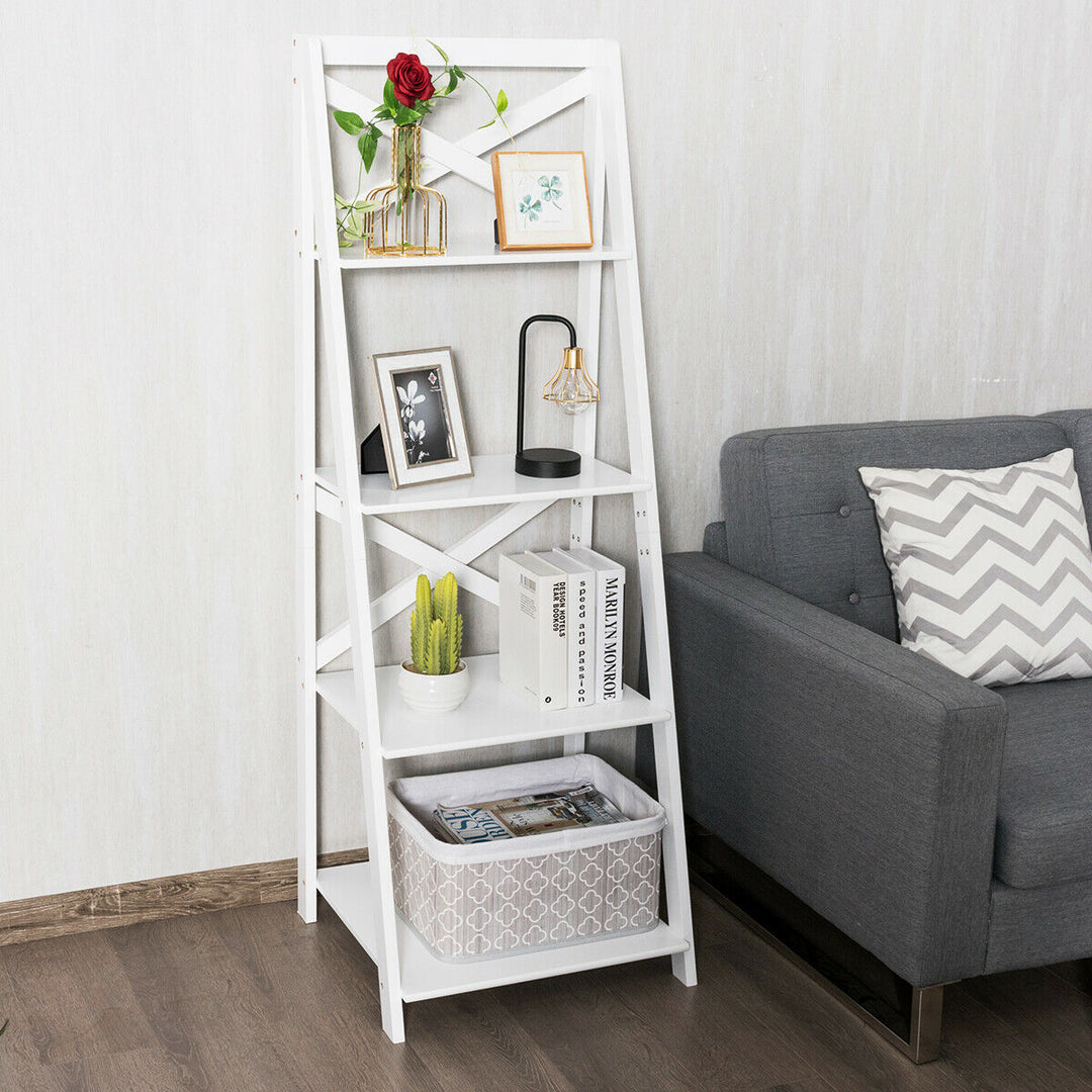 4 Tier Wooden Ladder Shelving Unit-White