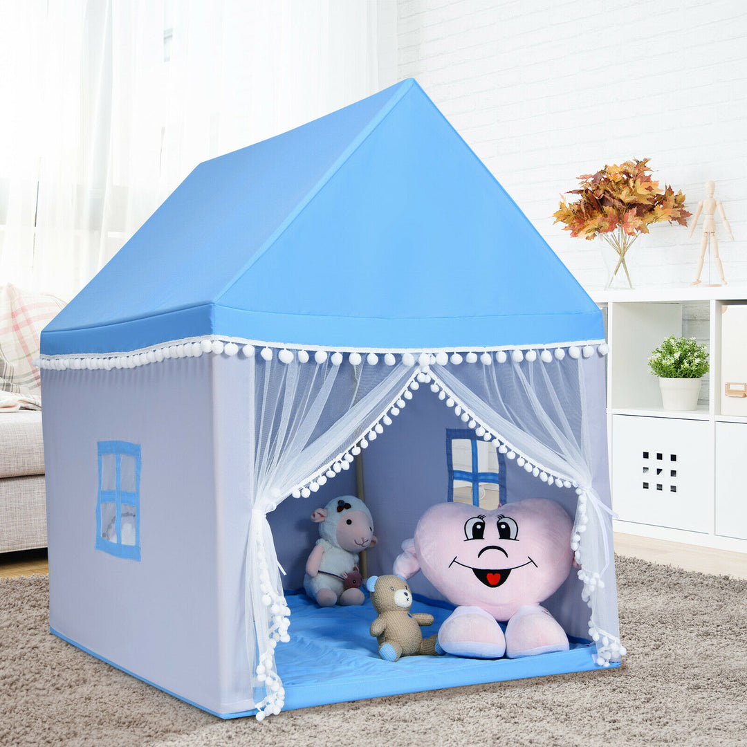Kids Play Tent Wood Frame Large Playhouse Tents with Mat-Blue