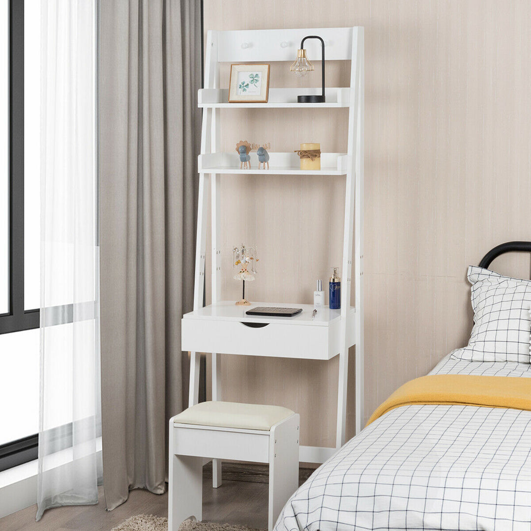 Ladder Styled Dressing Table with Shelves, Mirror and Stool