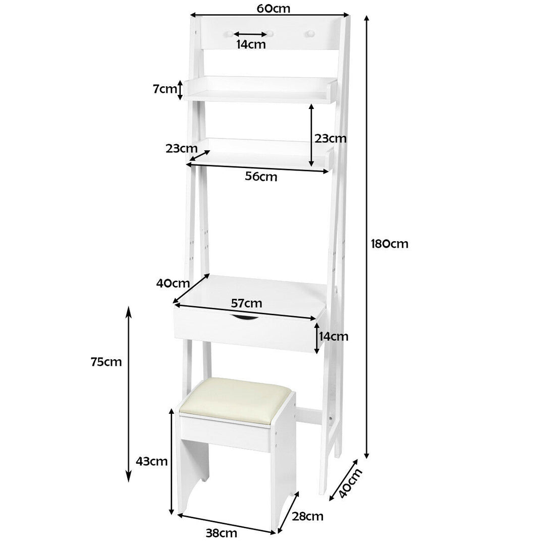 Ladder Styled Dressing Table with Shelves, Mirror and Stool