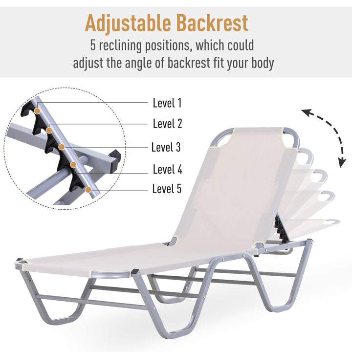 Outsunny Garden Lounger Relaxer Recliner w/ 5-Position Adjustable Backrest Lightweight Frame for Pool or Sun Bathing Cream, 84B-386CW-White White