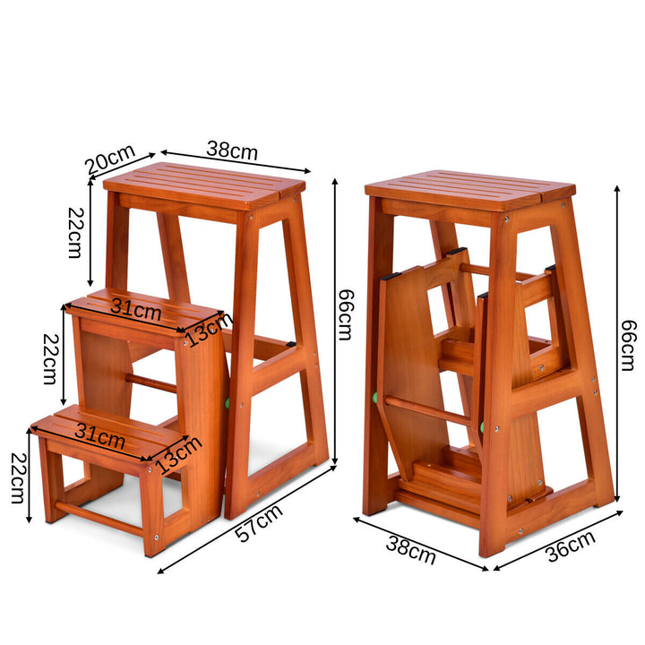 Folding 3 tier Step Stool Wooden Folding Stepladder Shelf-Natural