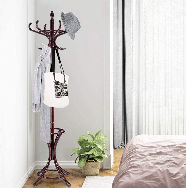 Floor Standing Hat Coat Wood Hanger w/ Umbrella Rack Prestige-Mahogany