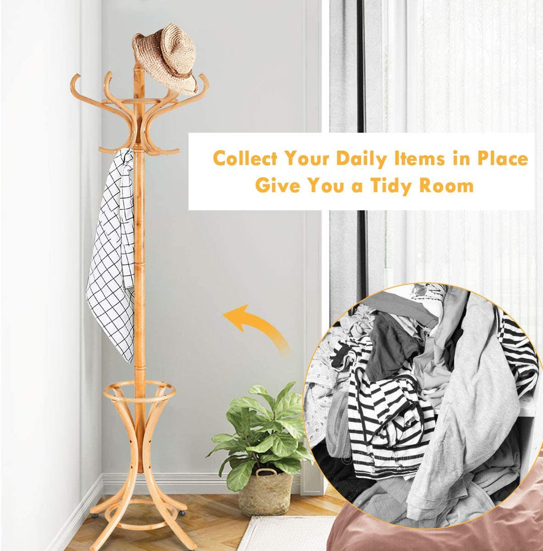 Floor Standing Hat Coat Wood Hanger w/ Umbrella Rack Prestige-Oak