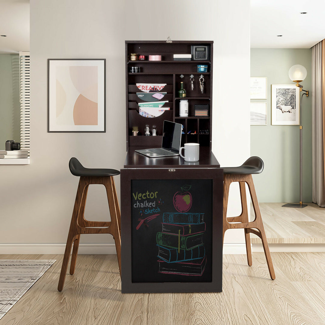 Folding Wall-Mounted Drop-Leaf Table w/ Chalkboard-Brown