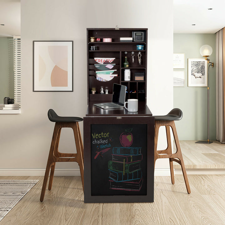 Folding Wall-Mounted Drop-Leaf Table w/ Chalkboard-Brown