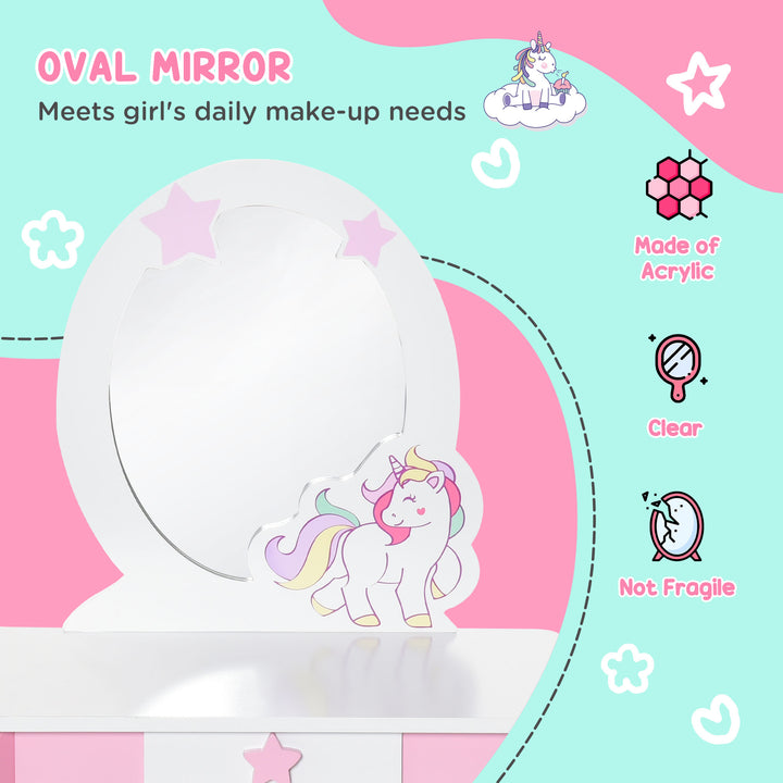 Girls Dressing Table with Mirror and Stool, Kids Dressing Table, Unicorn Pretend Play Toy for Toddles Girls Age 3-6 Years, Acrylic Mirror, Pink and White