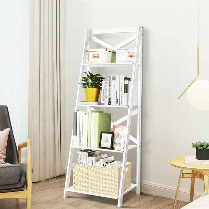 4 Tier Wooden Ladder Shelving Unit-White