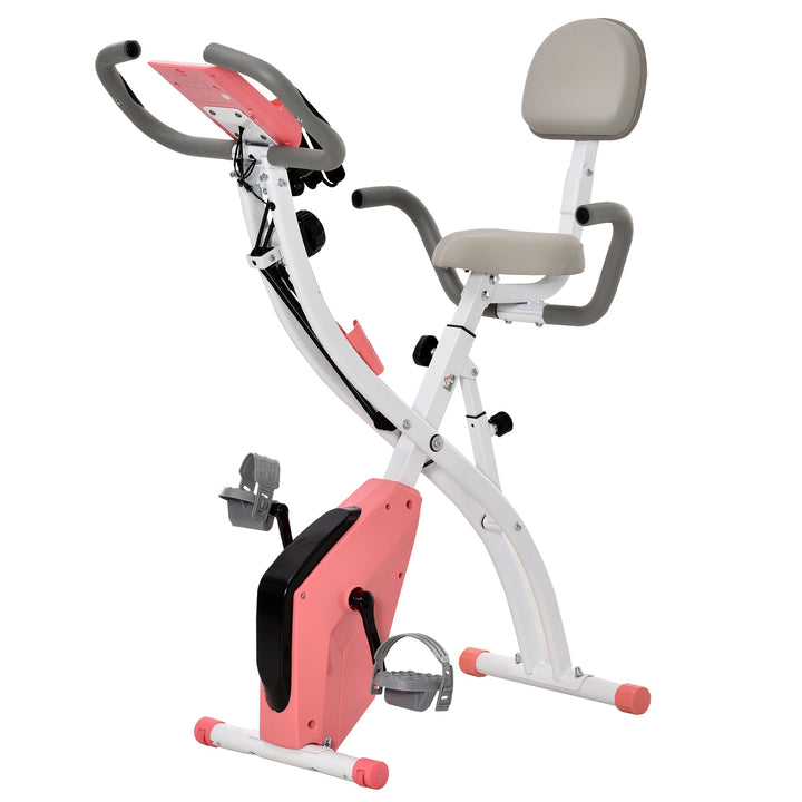 HOMCOM 2-in-1 Upright  Exercise Bike Stationary Foldable Magnetic Recumbent Cycling with Arm Resistance Bands Pink