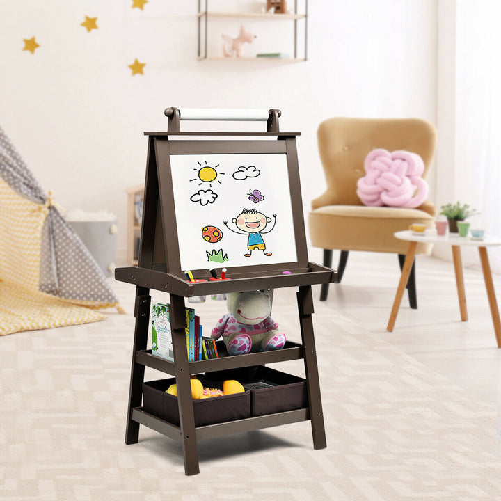 Children's Double-Sided Art Easel with Paper Roll-Brown