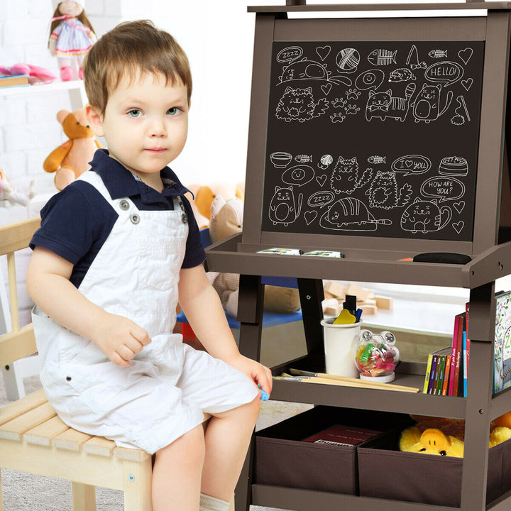 Children's Double-Sided Art Easel with Paper Roll-Brown