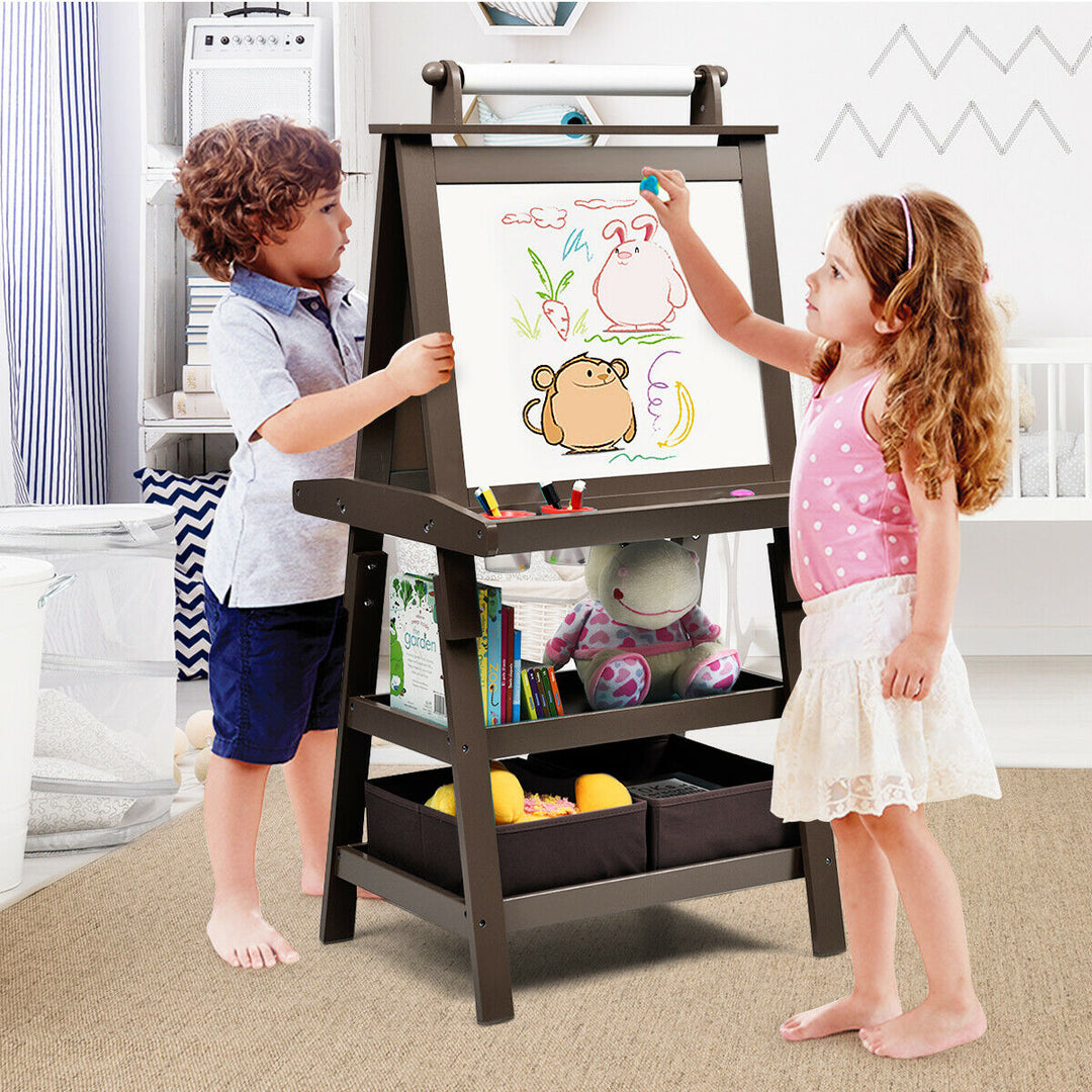 Children's Double-Sided Art Easel with Paper Roll-Brown