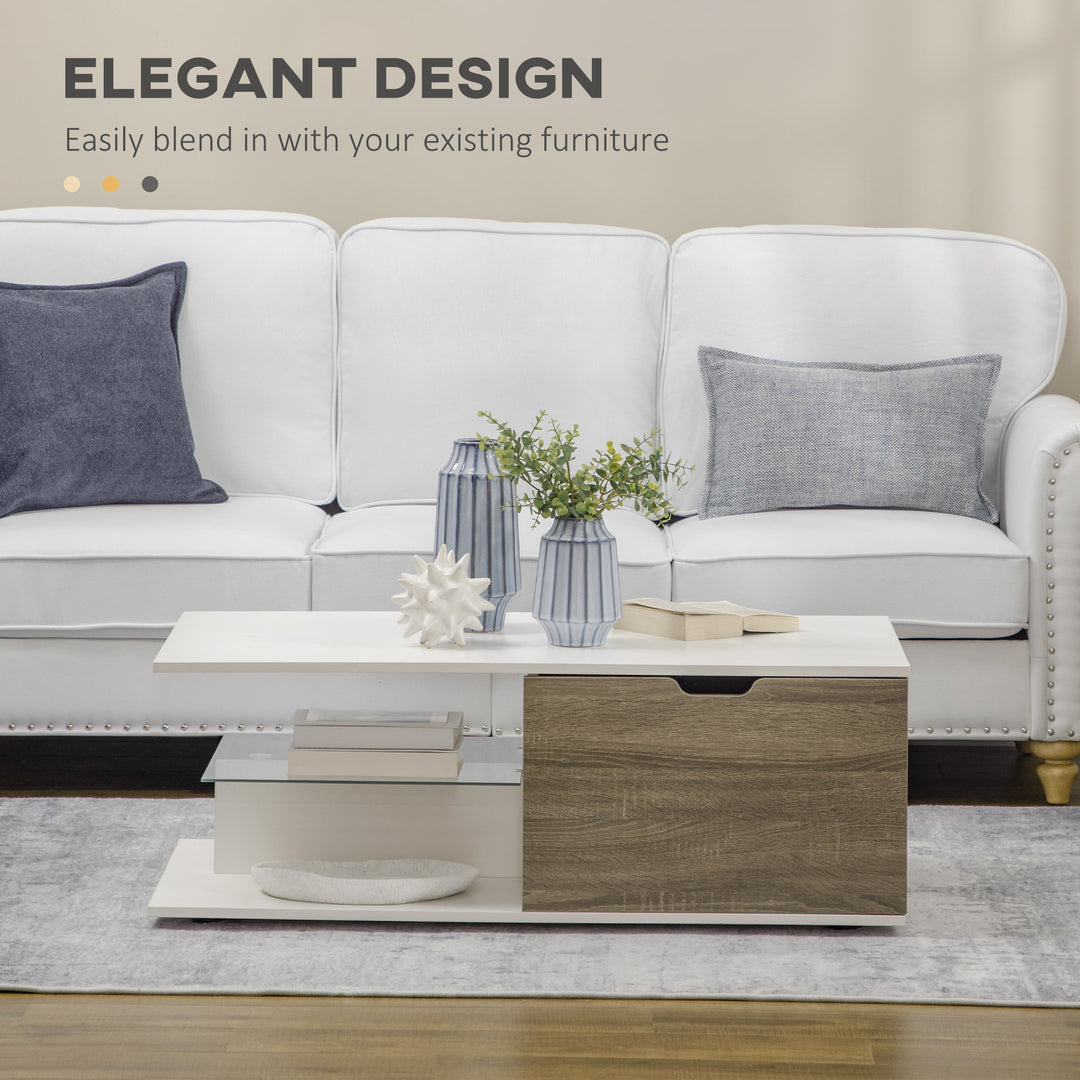 Coffee Table, Modern Tea Table with Tempered Glass Shelves, and Two Drawers, Coffee Tables for Living Room, Bed Room, White