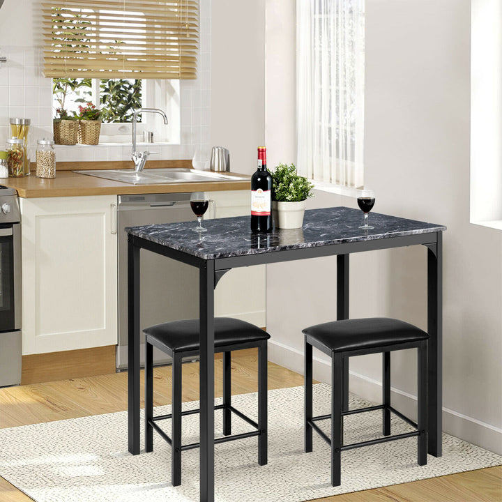 3 Piece Dining Table Set with 2 Faux Leather Backless Stools-Black
