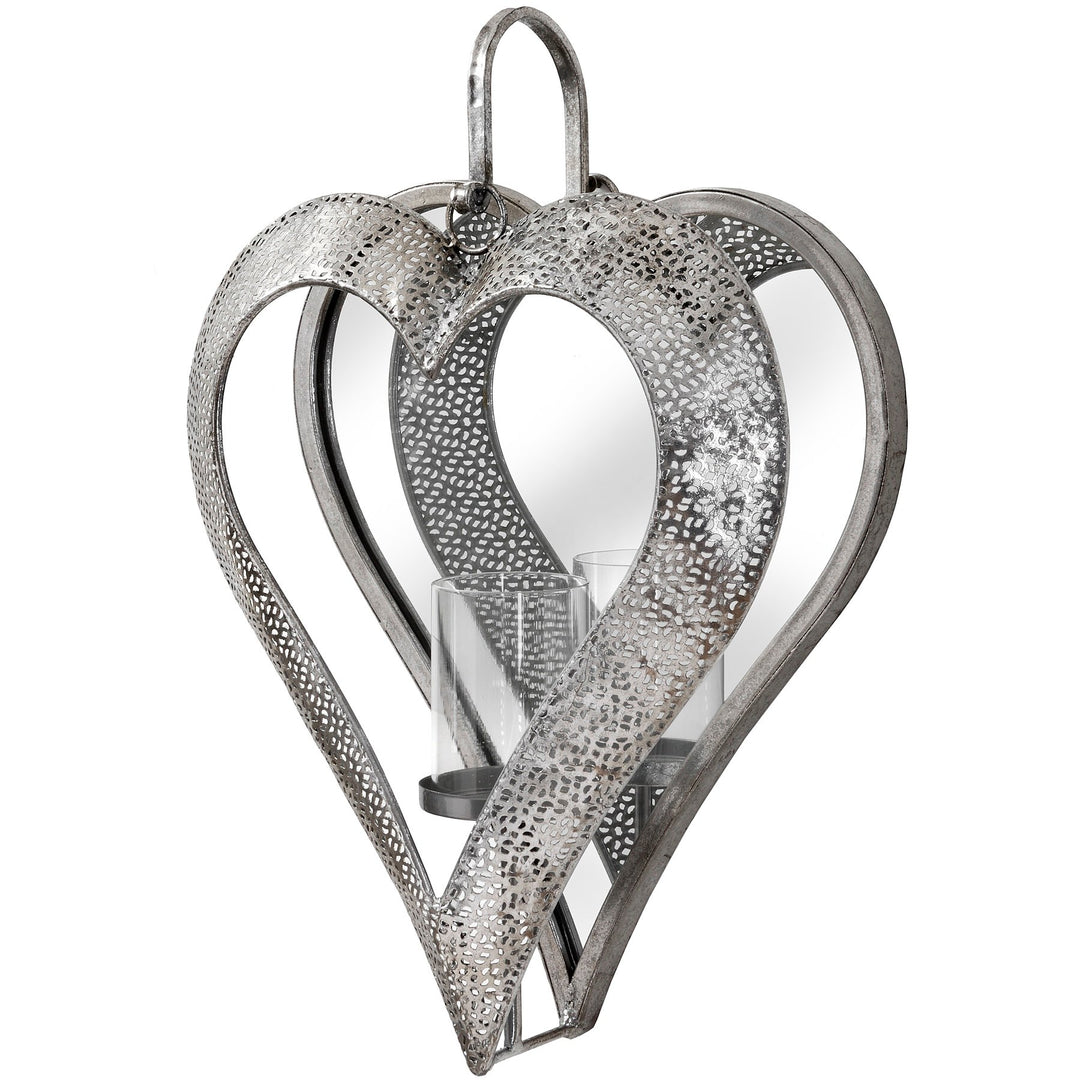 Antique Silver Heart Mirrored Tealight Holder in Large