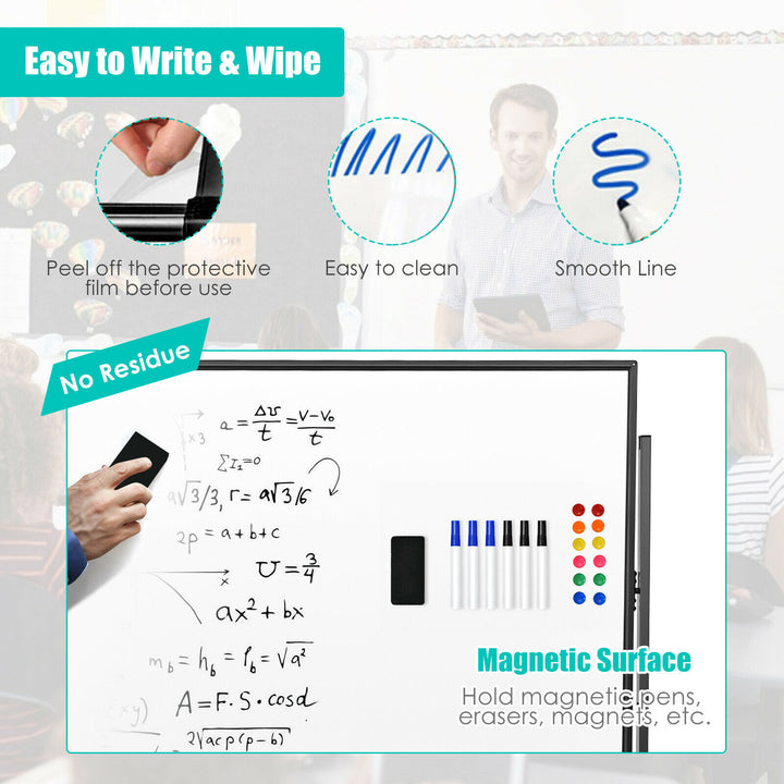 Mobile Magnetic Double-Sized Whiteboard with 4 Lockable Wheels