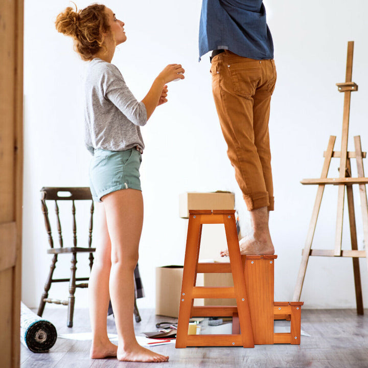 Folding 3 tier Step Stool Wooden Folding Stepladder Shelf-Natural