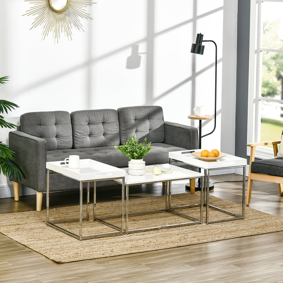 Coffee Table Set of 3, Modern Nest of Tables with Steel Frame and High Gloss Effect for Living Room, White