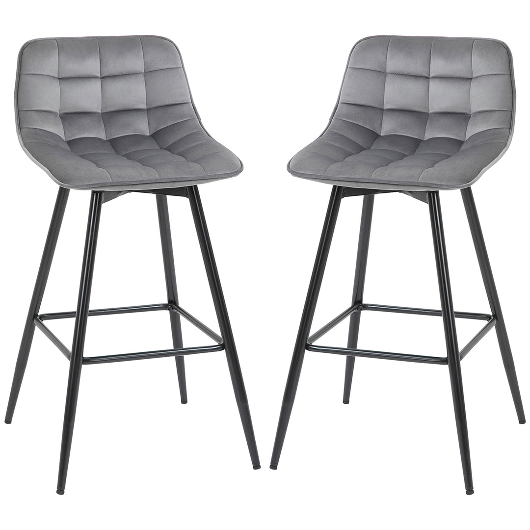 Set of 2 Bar stools With Backs Velvet-Touch Dining Chairs Kitchen Counter Chairs  Fabric Upholstered seat with Metal Legs, Backrest, Grey