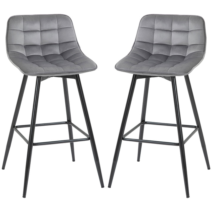 Set of 2 Bar stools With Backs Velvet-Touch Dining Chairs Kitchen Counter Chairs  Fabric Upholstered seat with Metal Legs, Backrest, Grey