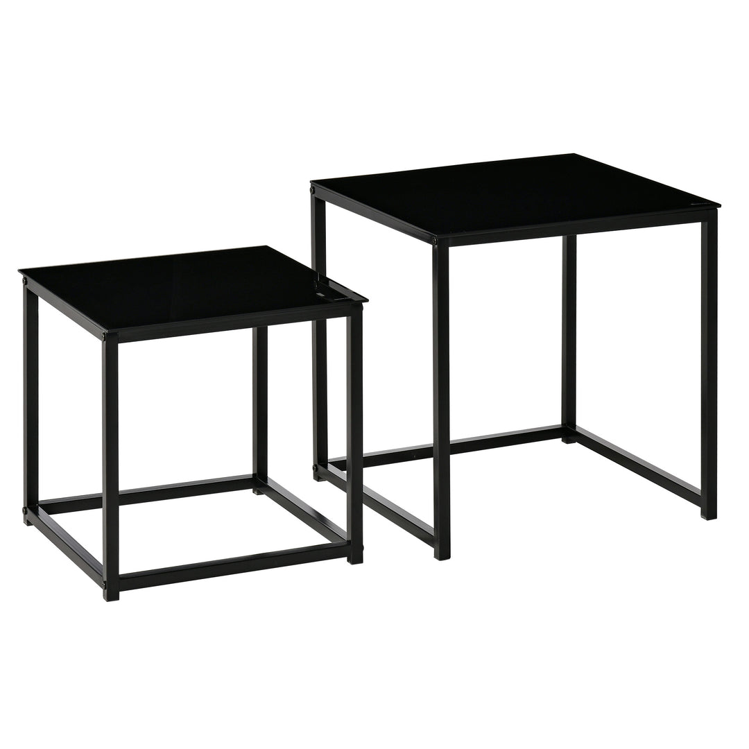 Nest of 2 Side Tables, Set of Modern Bedside Tables with Tempered Glass Desktop for Living Room, Bedroom, Office, Black