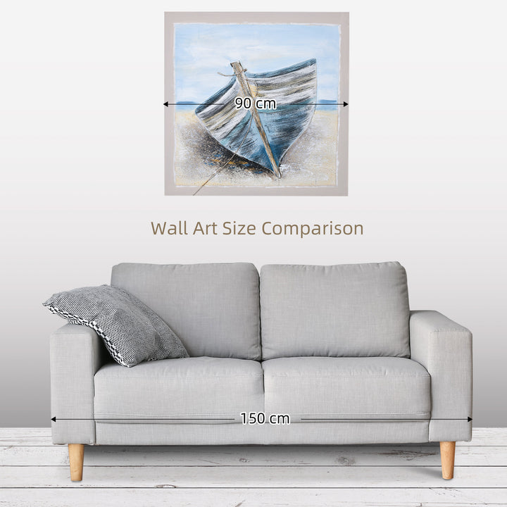 Hand-Painted Canvas Wall Art Blue Boat in the Beach, Wall Pictures for Living Room Bedroom Decor, 90 x 90 cm