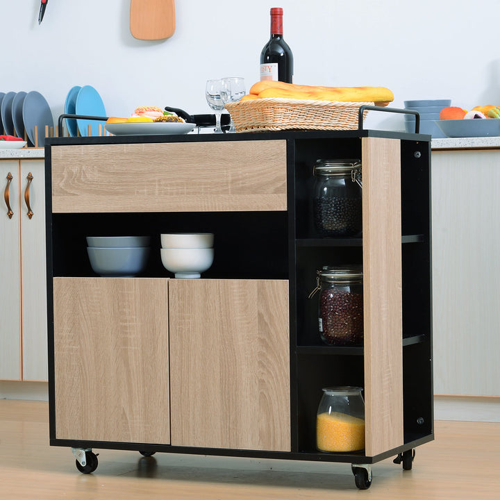 Rolling Kitchen Island, 76.5Wx40Dx82H cm-Oak/Black Colour