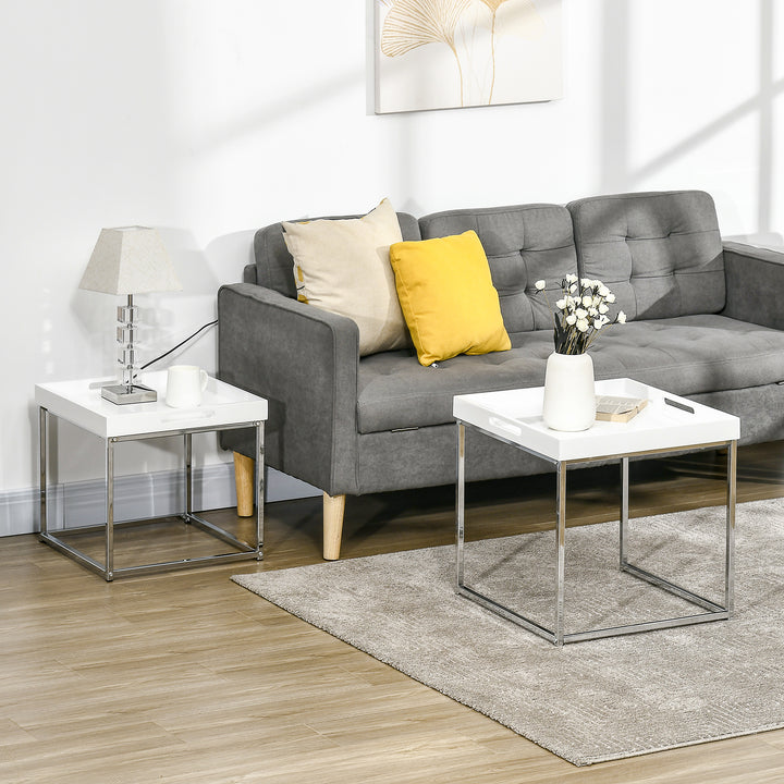 Modern Coffee Table Set of 2, Square Nest of Tables with Steel Frame and High Gloss Effect for Living Room, White