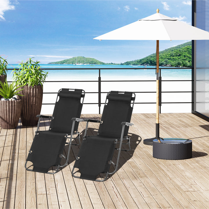 Outsunny 2 Pieces Foldable Sun Loungers with Adjustable Back, Outdoor Reclining Garden Chairs with Pillow and Armrests, Black