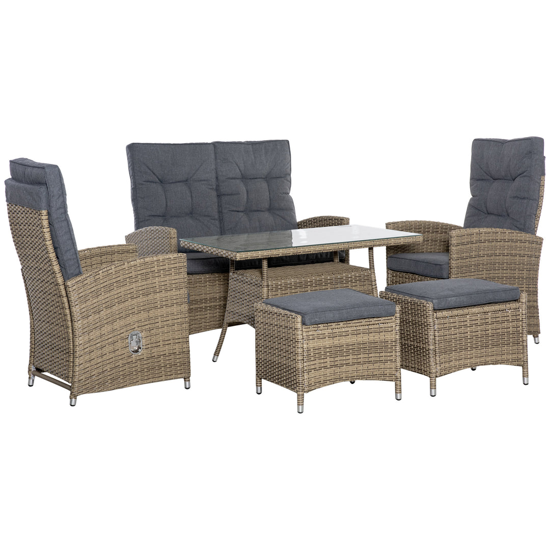 6 Pieces PE Rattan Dining Set, Patio Wicker Conversation Furniture, Tempered Glass Table-top Dining Table w/ Storage Layer, Mixed Grey