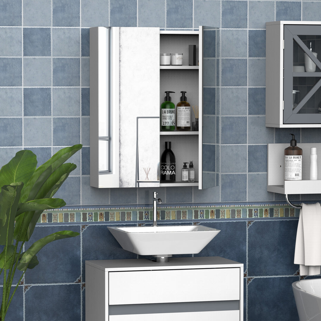 Bathroom Mirror Cabinet Wood Storage Shelf Wall Mount Double Door Cupboard Adjustable 60Wx15Dx75H - White