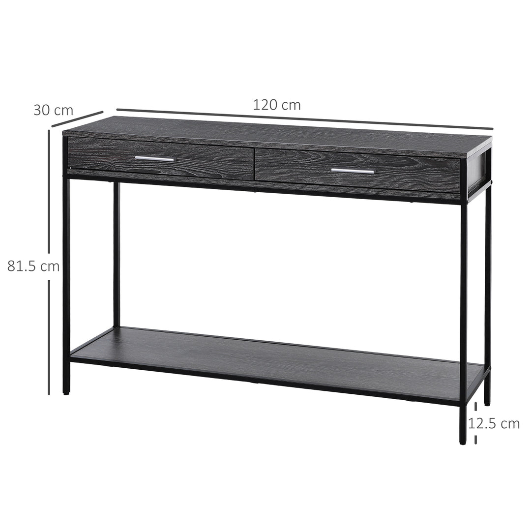 Console Table Worktop Bottom Shelf Home Two Drawer Industrial Minimal Style Grey Wood Tone Effect