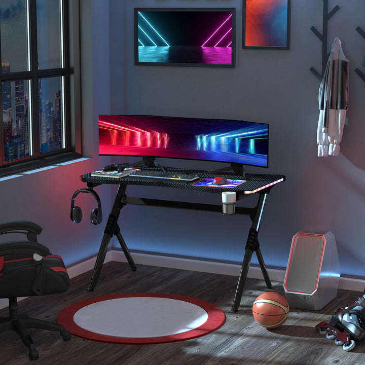 Gaming Desk Gaming Table with RGB LED Lights Racing Style Cup Holder, Cable Management, Black