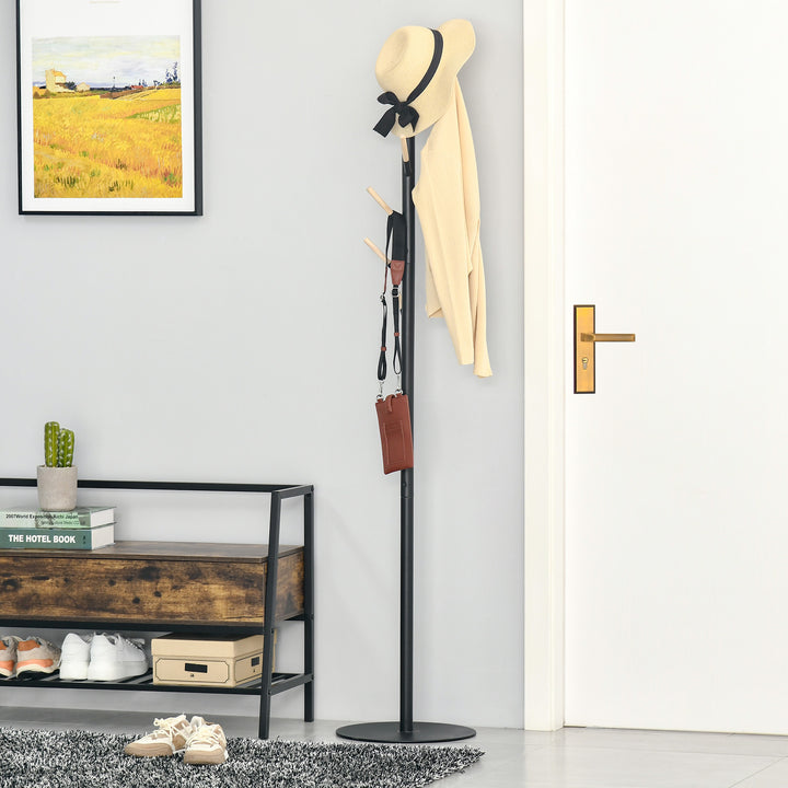 174cm Free Standing Coat Rack Stand with 6 Hooks Clothes Tree Hat Display Hall Tree Hanger Hanging Organizer for Hallway Bedroom Room Black